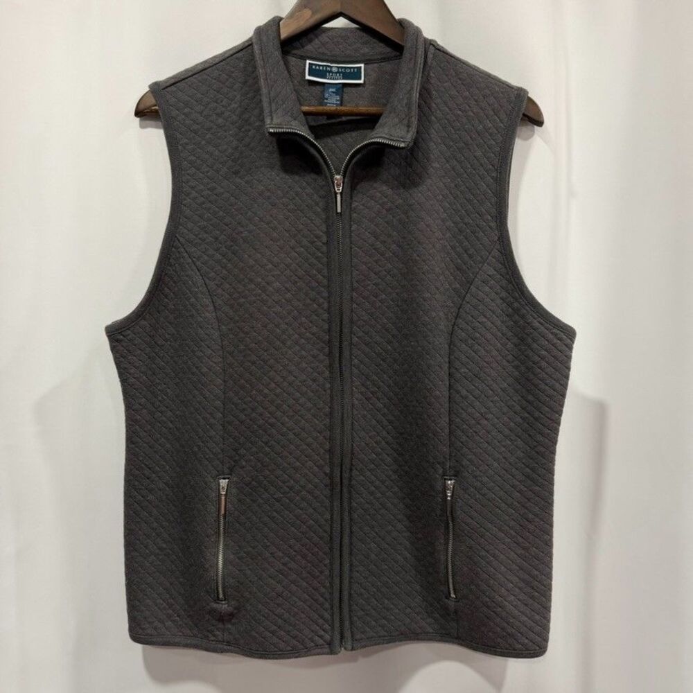 Karen Scott Sport Petites Women’s PXL Quilted Full Zip Pocket Gray Vest 660
